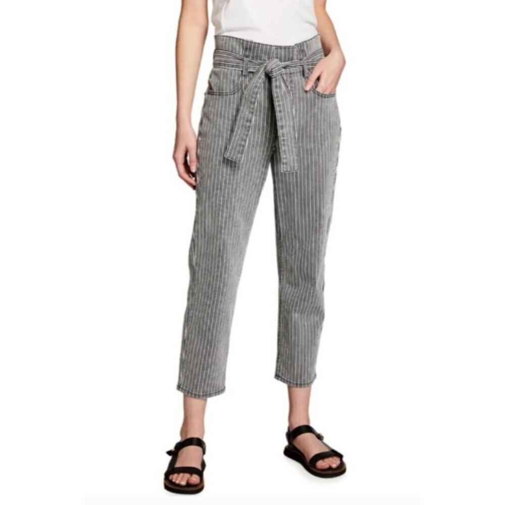 Frame Jeans Womens Size 28 Black White Railroad Stripe Belted Pleated Paperbag